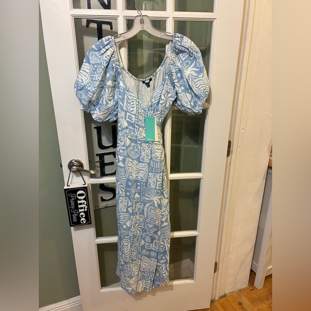 Shore NWT Blue & White Print Puff Sleeve Wrap Midi Dress XS Resort Coastal